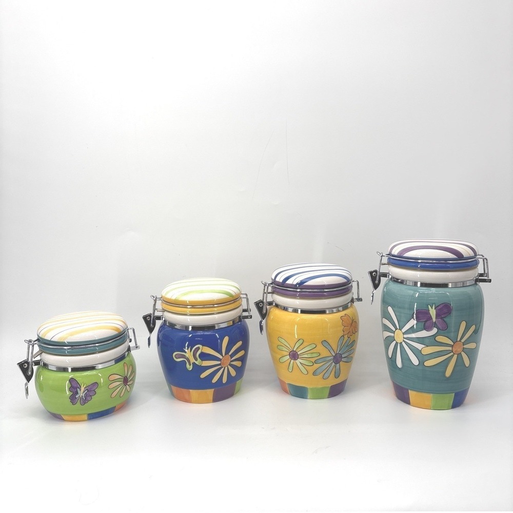Oggi Ceramic Canisters Colorful 4pc Fruit Design Sealed Hippie